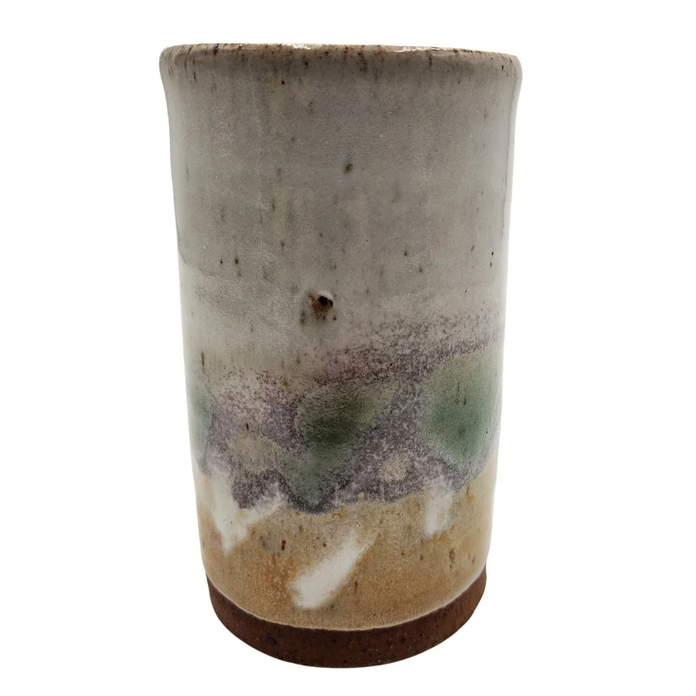 Vintage Studio Pottery Vase Signed Earthy Ceramic Tumbler Bud Flower Vessel 5